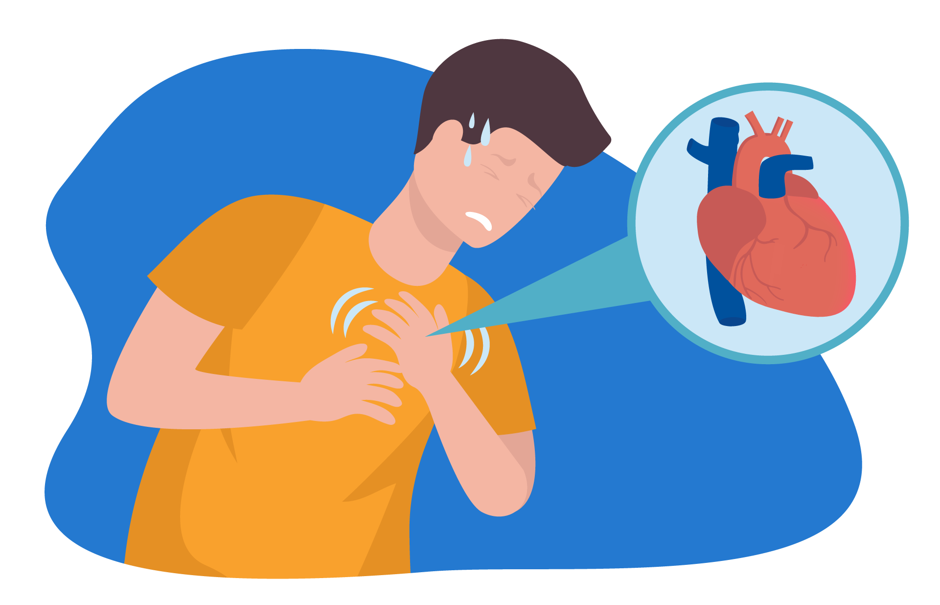 Ilustração de um homem levando as mãos ao peito, com expressão de dor, e um coração em evidência.